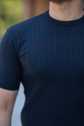 Erkek Bisiklet Yaka örgü Desenli Kısa örme Triko Kısa Kollu T-shirt resmi